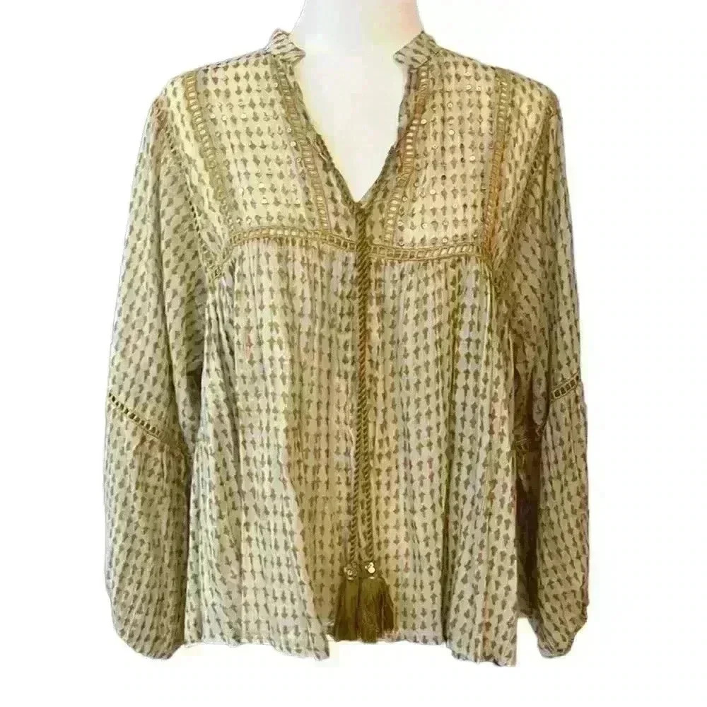 BAROK Caledon Cotton Green and Gold Boho Style Peasant Blouse Size S/M​